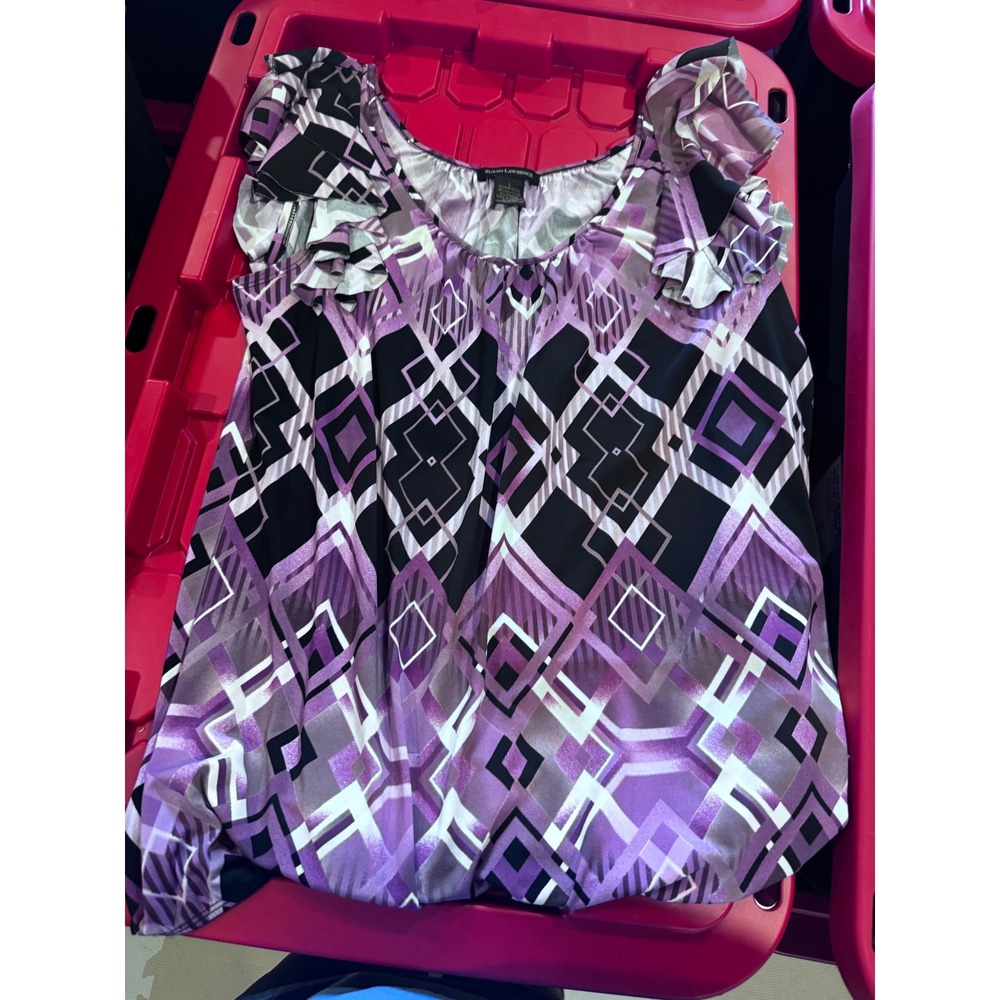 Susan Lawrence Purple Geometric Diamond Flutter Sleeve Blouse Top Large 107068
